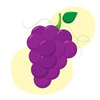 Purple grapes isolated on white background with light yellow circles. Bunch of purple grapes with stem and leaf. Cartoon style. vector