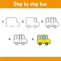 Educational logical game for kids. Step by step drawing sheets. Activity page for children. Bus vector