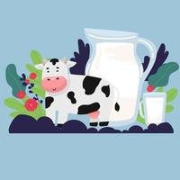 set cute milk product with cow hand drawing vector