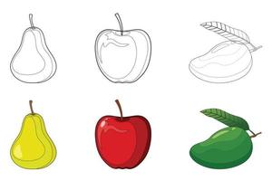vector drawing book of apple, mango and pear fruits