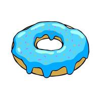 Donut with blue glaze. Sweet sugar dessert with icing. Outline cartoon illustration isolated on white background vector