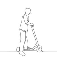 man standing on scooter - one line drawing vector. concept scooter, electric scooter vector