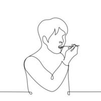 man with a spoon in his mouth - one line drawing vector. the concept of eating or taking medicine vector