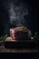 Raw beef steak on cutting board with herbs and spices on wooden background photo