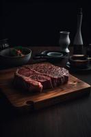 Raw beef steak on cutting board with herbs and spices on wooden background photo