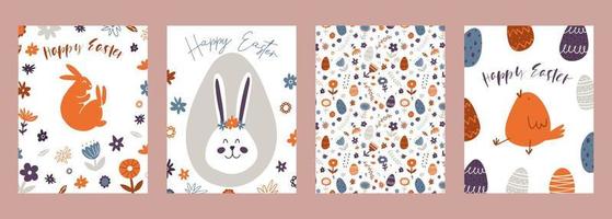 Set of Happy Easter greeting cards. Hand drawn colorful plants, bunny, chicken, eggs in modern minimalist style vector