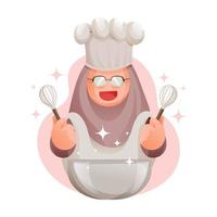 Muslim Woman Chef Mascot Wearing Appron Hold Cooking Whisks With Bowl vector