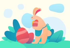 Vector Easter Holiday illustration in a flat style with cute rabbit gathering hided eggs in the grass.