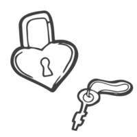 Doodle Valentine's Day hearts padlock set. Hand drawn outline love symbol on white background. Cute greeting hearts lock, key image. February 14, wedding, marry me sign. Vector Valentines illustration
