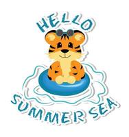 Sticker with cute little tiger swimming in the sea. vector