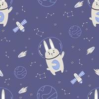 Space seamless pattern. Cute astronaut rabbit with planets, stars and meteorites on dark blue background. Vector illustration for baby collection, design, decor, wallpaper, packaging and textile.