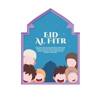 A window with a picture of people and a sign that says eid al fitr. vector