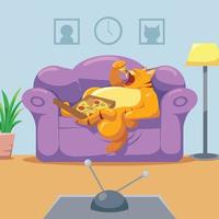 Lazy Orange Cat Lying on The Sofa Eating Pizza vector