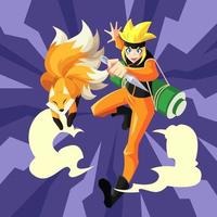 A Ninja Running with His Nine Tailed Fox Pet vector