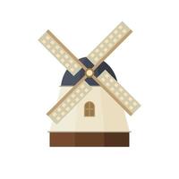 Traditional dutch windmill flat design vector illustration. Traditional dutch farm buildings for grinding wheat grains to flour. countryside architecture isolated on white background
