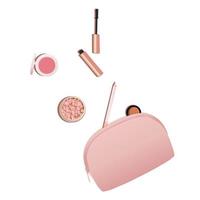 ilustración de un conjunto de productos cosméticos - lápiz labial, se sonroja, máscara, maquillaje cepillar, y rosado cosmético bolso vector