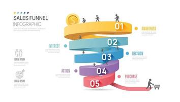 Infographic Sales funnel diagram template for business. Modern  Timeline 5 step level, digital marketing data, presentation vector infographics.