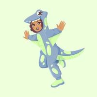 Black girl in cute dinosaur pterodactyl costume. Cartoon vector illustration