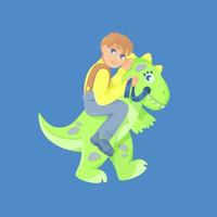 Cartoon cute boy riding dinosaur, funny costume vector