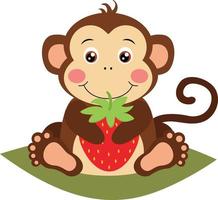 Cute monkey holding a red strawberry vector