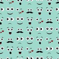 Cartoon faces with emotions. Seamless pattern with different emoticons on blue background. Vector illustration