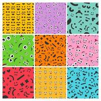 Cartoon faces with emotions. Set of nine seamless patterns with different emoticons. Vector illustration