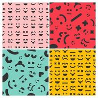 Cartoon faces with emotions. Set of four seamless patterns with different emoticons. Vector illustration