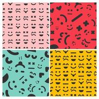 Cartoon faces with emotions. Set of four seamless patterns with different emoticons. Vector illustration