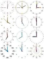 A set of different mechanical clocks with an image of each of the twelve hours. Clock face on white background. vector