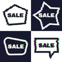 Set of four distorted glitch sale banners with error effect on the edges and in text. Vector illustration.