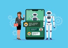 Businesswoman is talking or chatting with chat bot vector