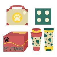 Pills, medicines, vitamins, shampoo for the care of animals, pets. vector