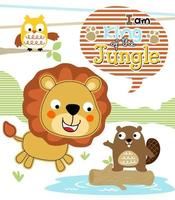 Vector illustration of lion cartoon with beaver on tree trunk, owl on tree branches