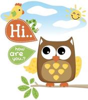 Vector cartoon of funny owl on tree branches with bird and caterpillar on speech bubble, sun behind clouds