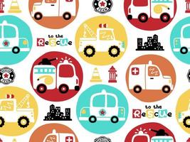 vector seamless pattern of rescue team vehicles in colorful circle, traffic elements cartoon