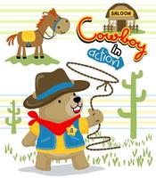 Funny bear cartoon in cowboy costume with a horse, wild west elements illustration vector