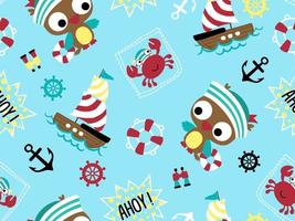 Vector seamless pattern of funny owl and crab with sailor cap, sailing elements cartoon