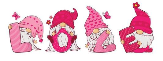 adorable cartoon gnomes holding letters that spell out the word love vector