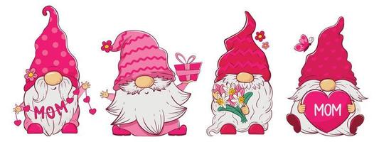 linda dibujos animados gnomos con regalos y flores para San Valentín día y de la madre día vector