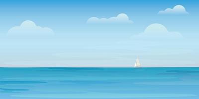 Tropical blue sea with clear sky have yacth and at skyline vector illustration. Seascape and blue sky flat design background.