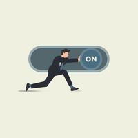 Businessman pushing toggle switch on button slider bar. Switch on mode vector illustration