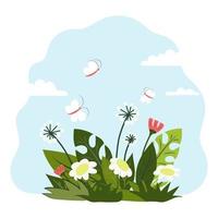 Spring landscape with wild flowers, butterflies and clouds on a blue sky. Dandelions, tulips, daisies vector