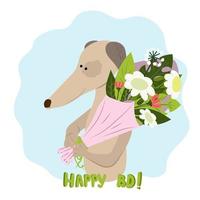 Greyhound dog with a large bouquet of wildflowers and the inscription Happy BD. Card vector