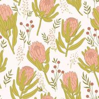 Protea flowers and leaves seamless pattern. Hand drawn exotic floral background vector