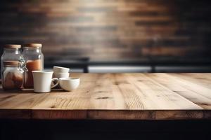 Empty wooden table and blurred background. For product display photo