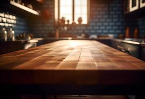 Empty wooden table and blurred background. For product display photo