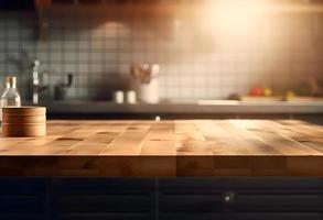 Empty wooden table and blurred background. For product display photo