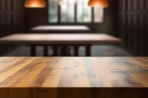 Empty wooden table and blurred background. For product display photo