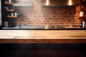 Empty wooden table and blurred background. For product display photo