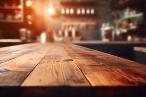 Empty wooden table and blurred background. For product display photo